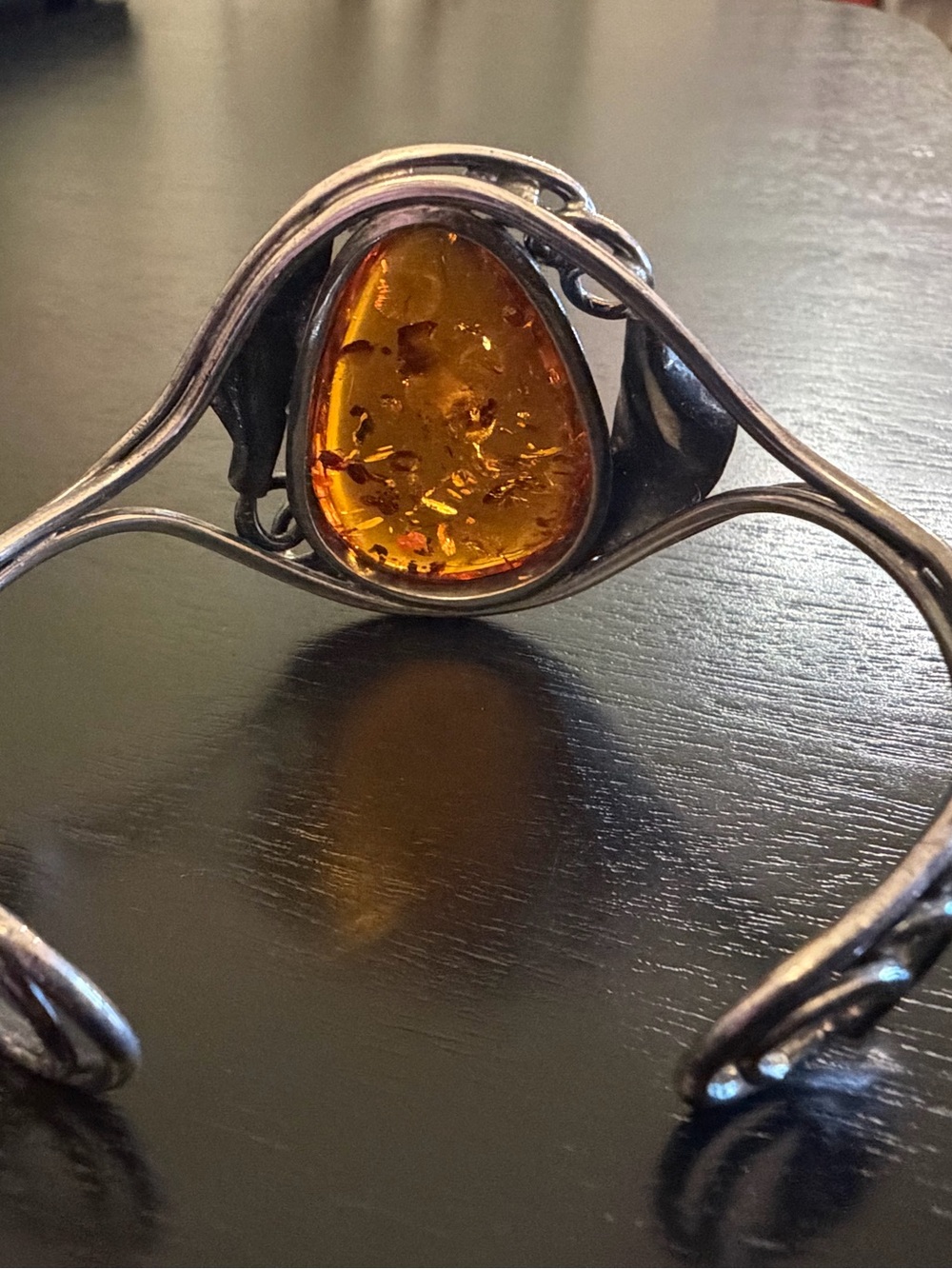Vintage 925 Sterling Silver Baltic Amber Cuff Bracelet Art Nouveau Leaf - Picture 5 of 6